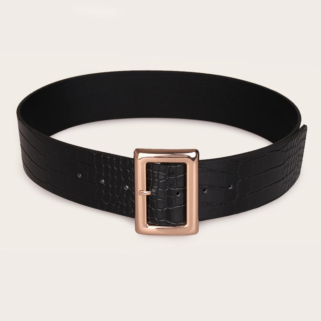 New Black Big Buckle Square Buckle Fashionable Women's Belt Crocodile Pattern Women's Atmospheric Classic Waist Seal