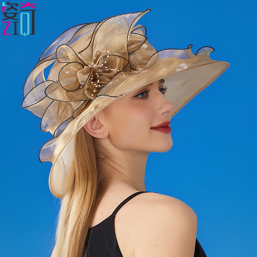 Elegant Women's Organza Sun Hat with Large Flower - European & American Style