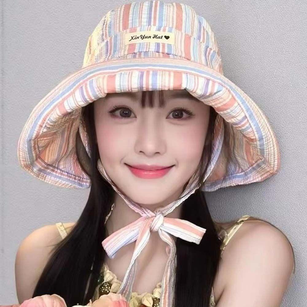 Lightweight Korean Striped Bucket Hat Lace-up Wide Brim Fisherman Hat Wide-edged Sun Hat Vacation