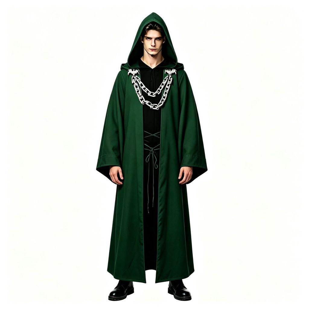 Costume da Mago Gotico con Cappuccio a Catena per Feste di Halloween e Cosplay