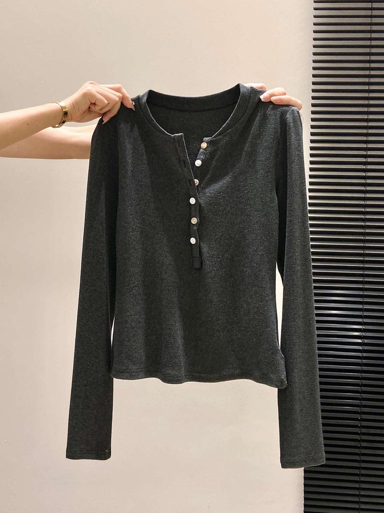 Women's BM-Style Button-Up Henley Long-Sleeve T-Shirt, Slim-Fit Stretchy Top with Imitation Cashmere Lining for Autumn/Winter/Spring