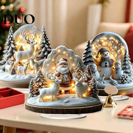 Holiday Snowman Tabletop Figurines Christmas Winter Ornaments, Double-sided Acrylic Snowman/Santa Claus/Reindeer/Cottage Table Double Sided Ornaments