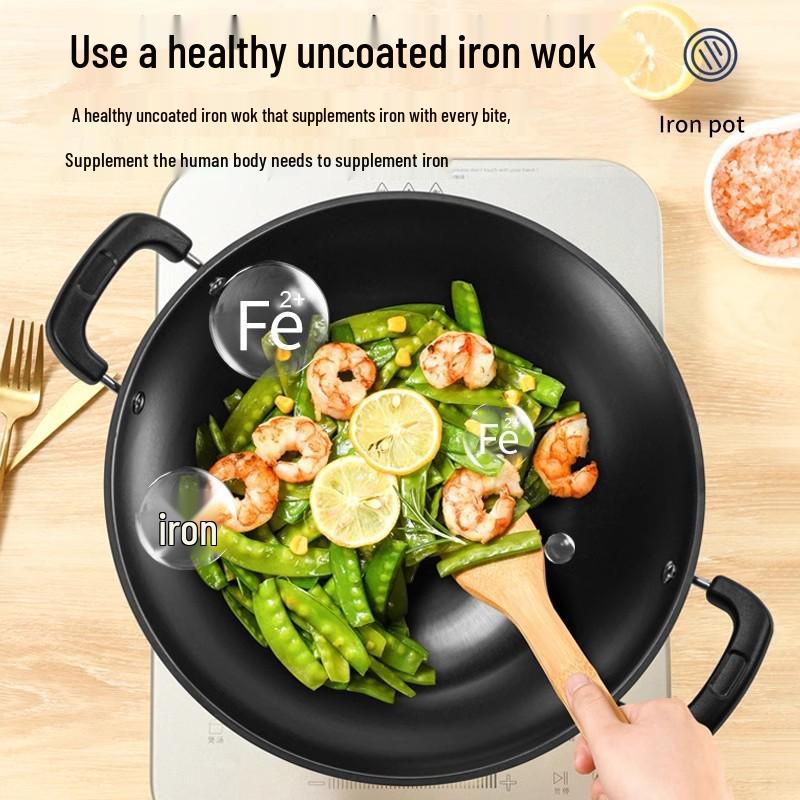 Robuster gusseiserner Wok mit zwei Griffen für Induktionskochfelder - Große Pfanne mit flachem Boden zum Braten.