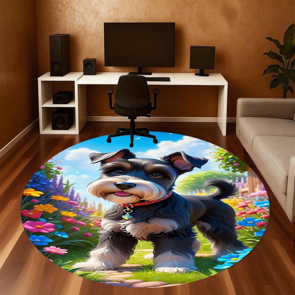 1PC Garden Dog Schnauzer Round Chair Mat Area Rug - Non-Slip, Floor Mat for Office, Bedroom, Home Decor Christmas Gift C0528050