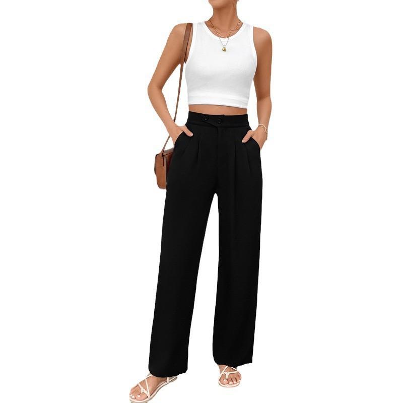 Womens Straight Leg Trousers Solid Color Commute Casual Pants Mid Waist Full Length Work