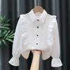 Girls White Blouse Lace Collar Long Sleeve Polyester Chiffon Shirt Kids Student School Uniform Top Children Spring Autumn Class Outfit Casual