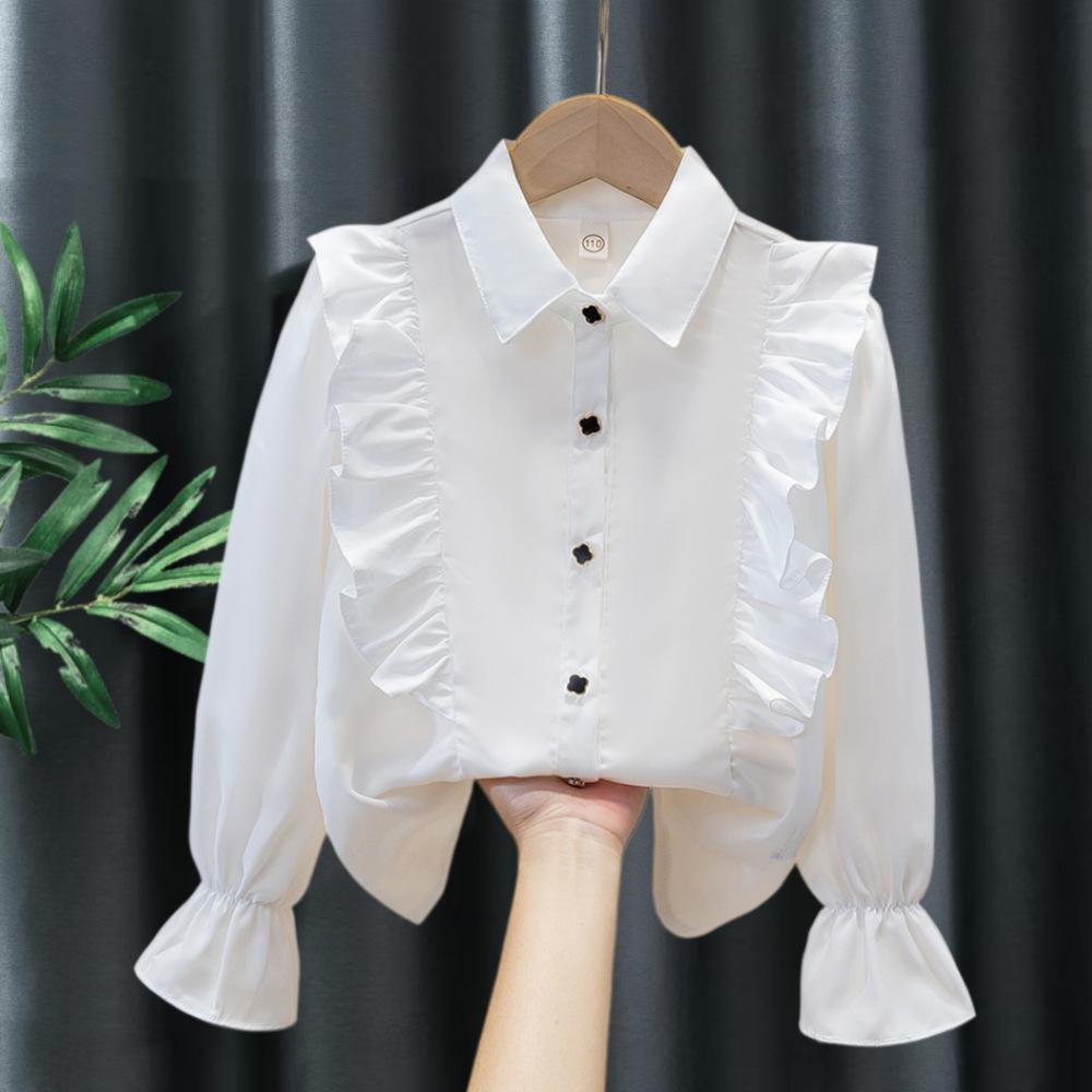 Girls White Blouse Long Sleeve Ruffle Lace Trim Viscose Shirt Children Student Class Uniform Schoolwear Spring Autumn Kids Top Fashion Design Layering