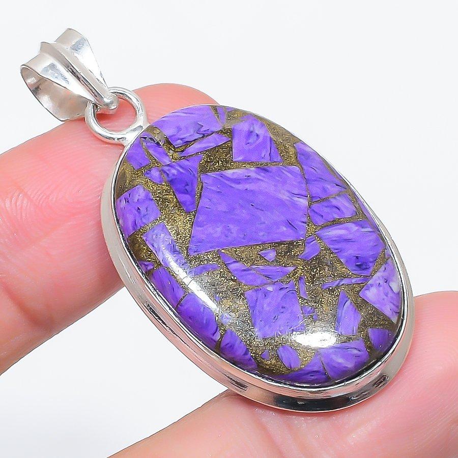Natural Copper Charoite Gemstone 925 Sterling Silver Jewelry Pendant 1.97" K8P36