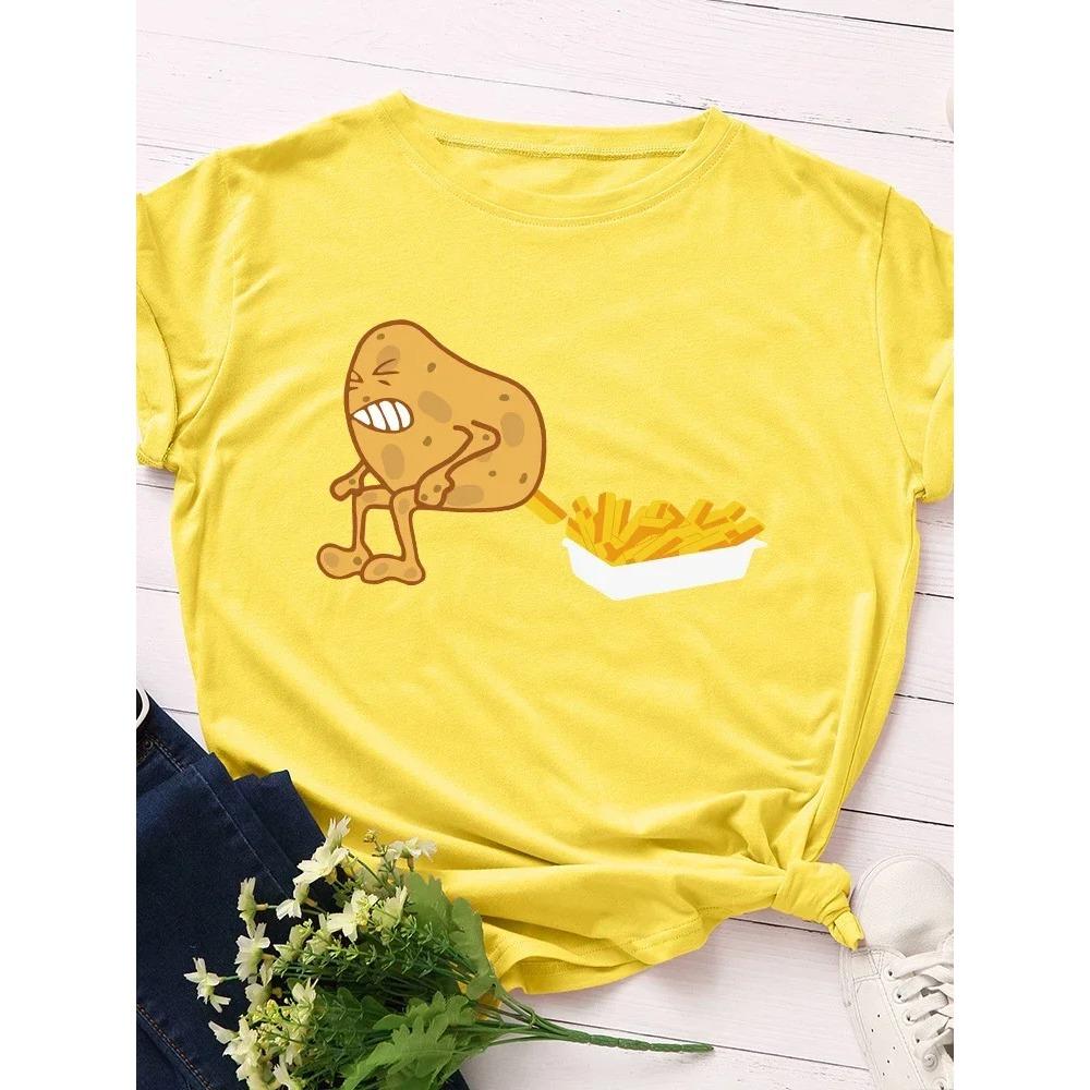 Funny Potato Fries Print Women T Shirt Short Sleeve O Neck Loose Women Tshirt Ladies Tee Shirt Tops Clothes