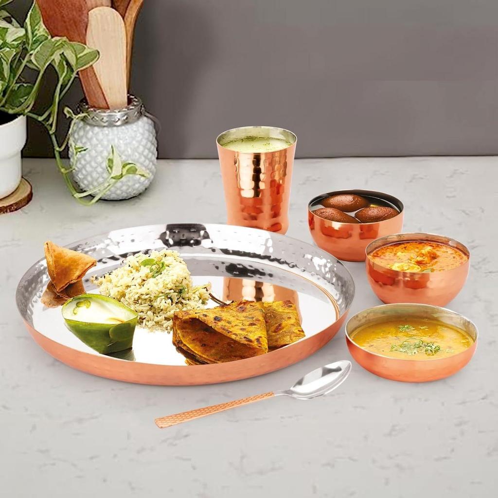 Round Copper Hammered Finish Dinner Sets Used for Home & Restaurant with 1 Thali, 2 Bowls, 1 Sweet Dish, 1 Glass & 1 Spoon-Set of 6