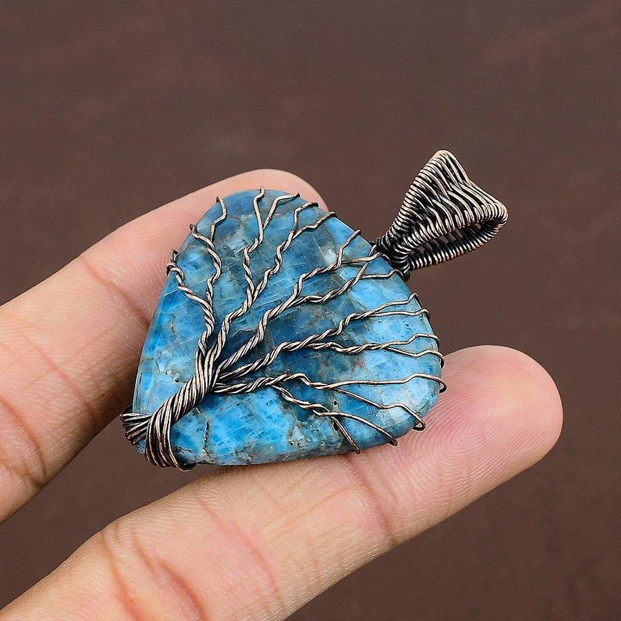 Natural Blue Apatite Gemstone Handmade Copper Wire Wrap Pendant 2.13" O4H70