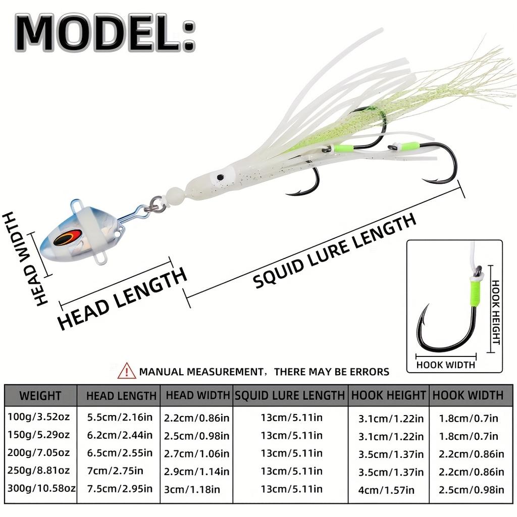 3pcs 100-300g Glow Slow Pitch Jigging Lure Squid Skirt 3 Hooks Saltwater Fishing Bass Trout Catfish Offshore Deep Sea Luminous