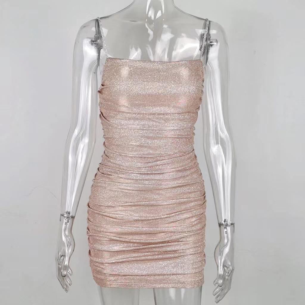 Sparkling Strapless Rhinestone Pleated Spaghetti Strap Bodycon Dress - Slim Fit & Off-Shoulder Style