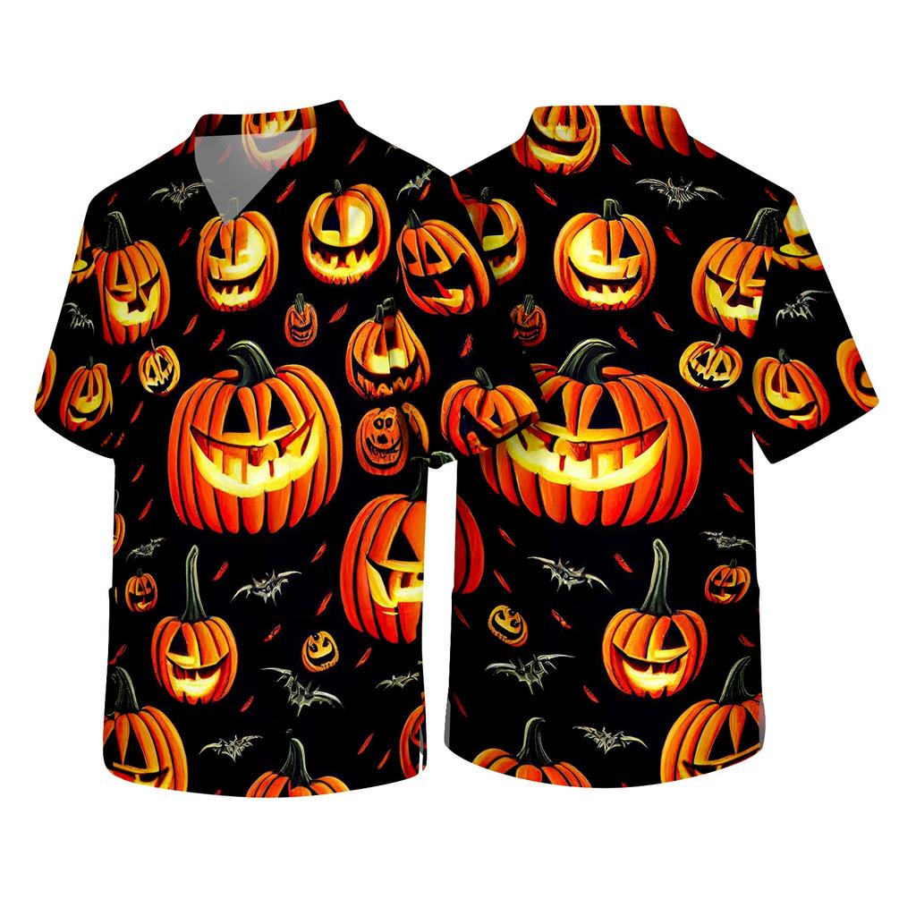 Men's Short Sleeve V Neck Halloween Print Medical Scrub Top with Chest Pocket Comfortable Fit Workwear for Healthcare Professionals