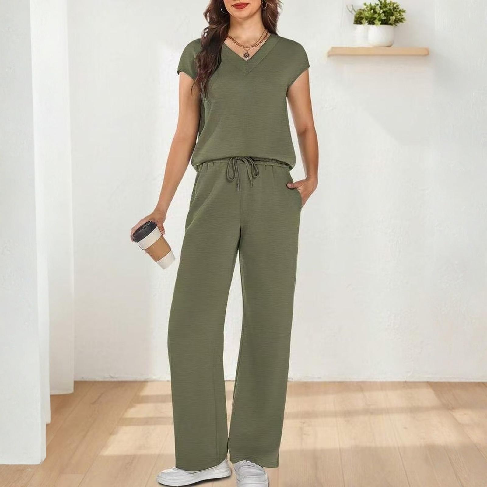 

Fashionable Women s Loose V-neck Short Sleeved Top, Loose Casual Wide Leg Pants Set L армия зеленый