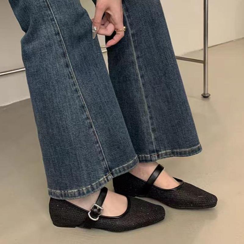 Fashion Summer New Style Flat Shoes for Women Square Head Shallow Mouth Mesh Cloth Soft Sole Anti-slip Wear-resistant Single Shoes