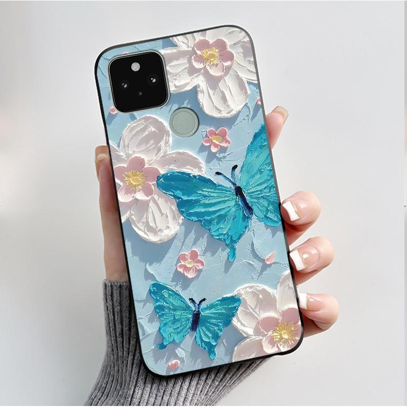 Silikonhülle für Google Pixel 5 Pixel 5A Pixel5 Pixel5A Weiche Abdeckung Luxus Mode Schmetterlingsblumen Bemalt Schwarz Handyhülle