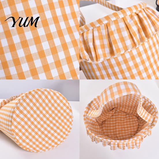 Holiday Decorative Storage Bins Halloween Basket, Plaid Ruffle Trick or Treat Candy Bucket with Handle Christmas Present Pouches for Kids, Reusable