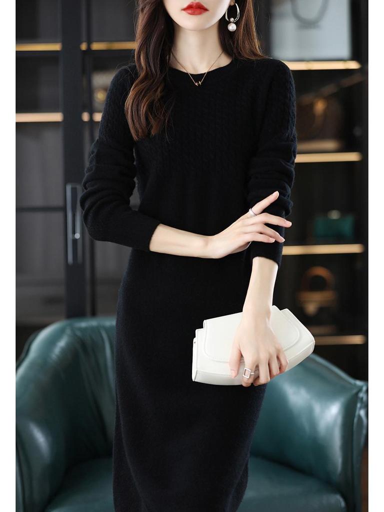 Damen Vintage Locker Gestricktes Kaschmir-Pulloverkleid - Rundhalsausschnitt, Mittellang, Übergröße, Dick für Herbst & Winter