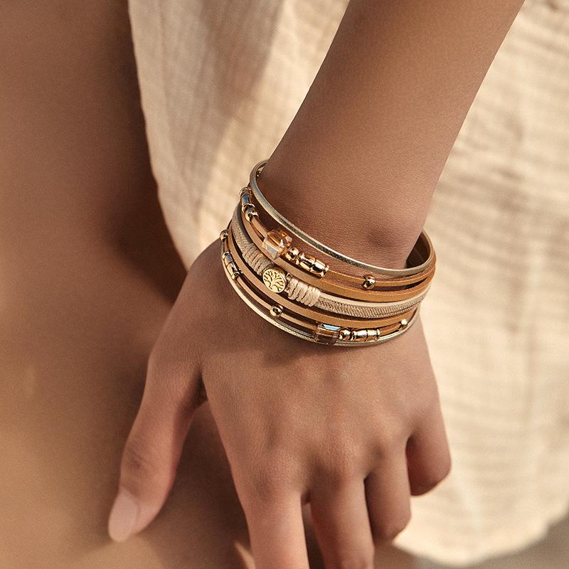 

Трансграничный многослойный кожаный браслет с круглой магнитной застежкой - Ручная работа, этнический европейский и американский бисерный стиль