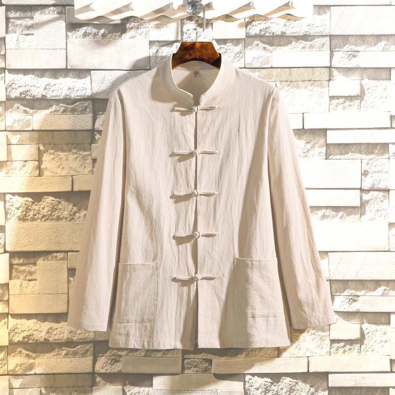 Chinese Traditional Tang Suit Hanfu Kimono Linen Shirt Solid Color Stand Collar Shrts Men Cardigan Casual Retro Button Top