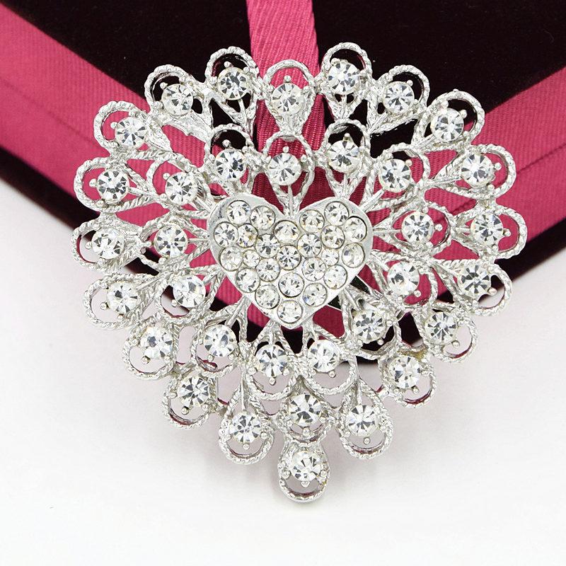 Premium Alloy Heart Brooch with White K Plating and Shiny Crystal - Fashionable Clothing Accessory Unisex