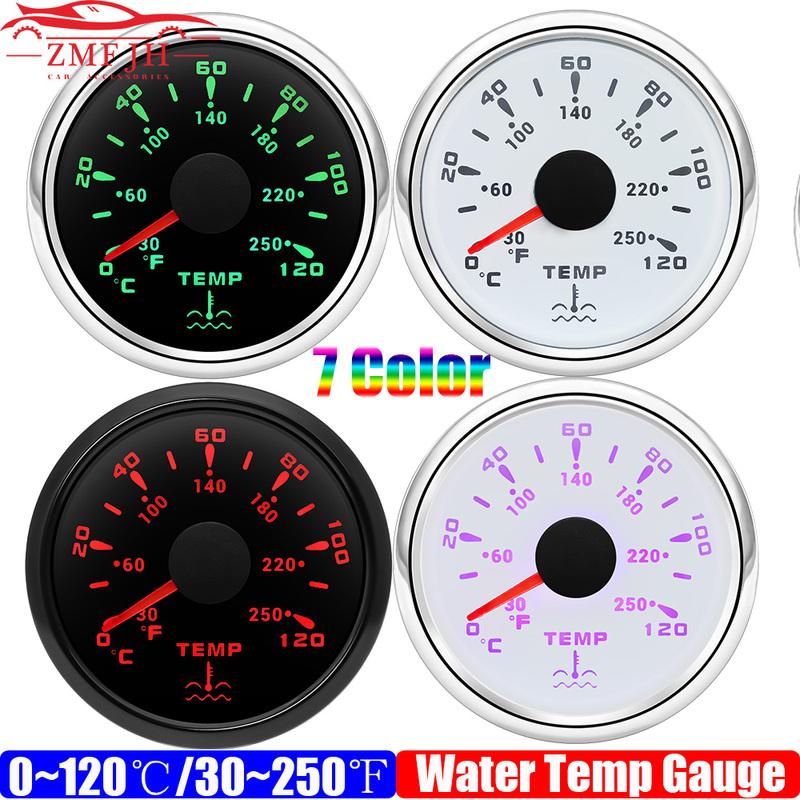 Automobile Car 52mm Water Temperature Gauge 7 Color light 0~120℃/30~250℉ Pointer Water Temp Meter for Marine Boat 12V24V