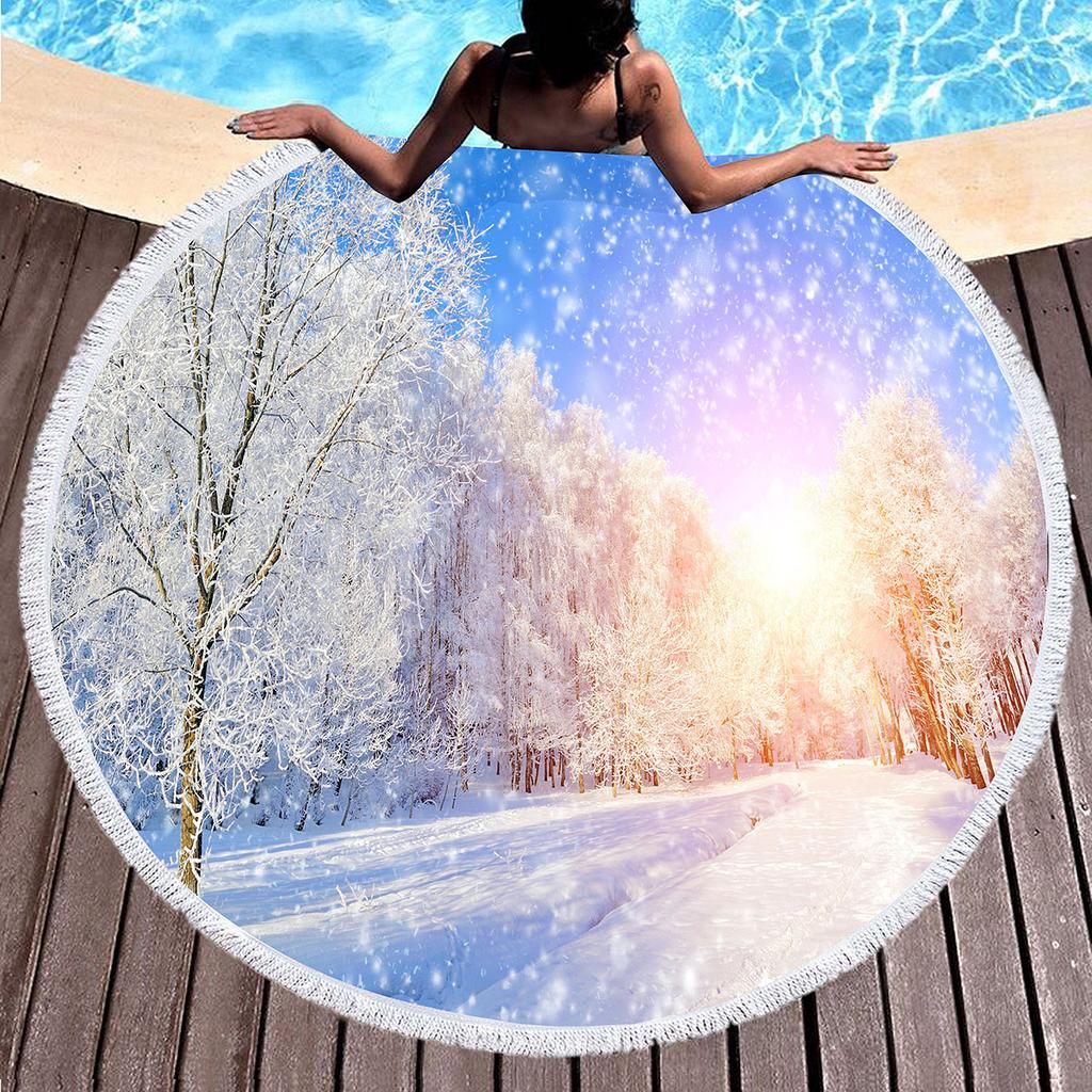 Winter Snow Landscape Round Beach Towel, Microfiber Soft Shawl Beach Blanket, Absorbent Quick Dry Portable Pool Towel Picnic Mat
