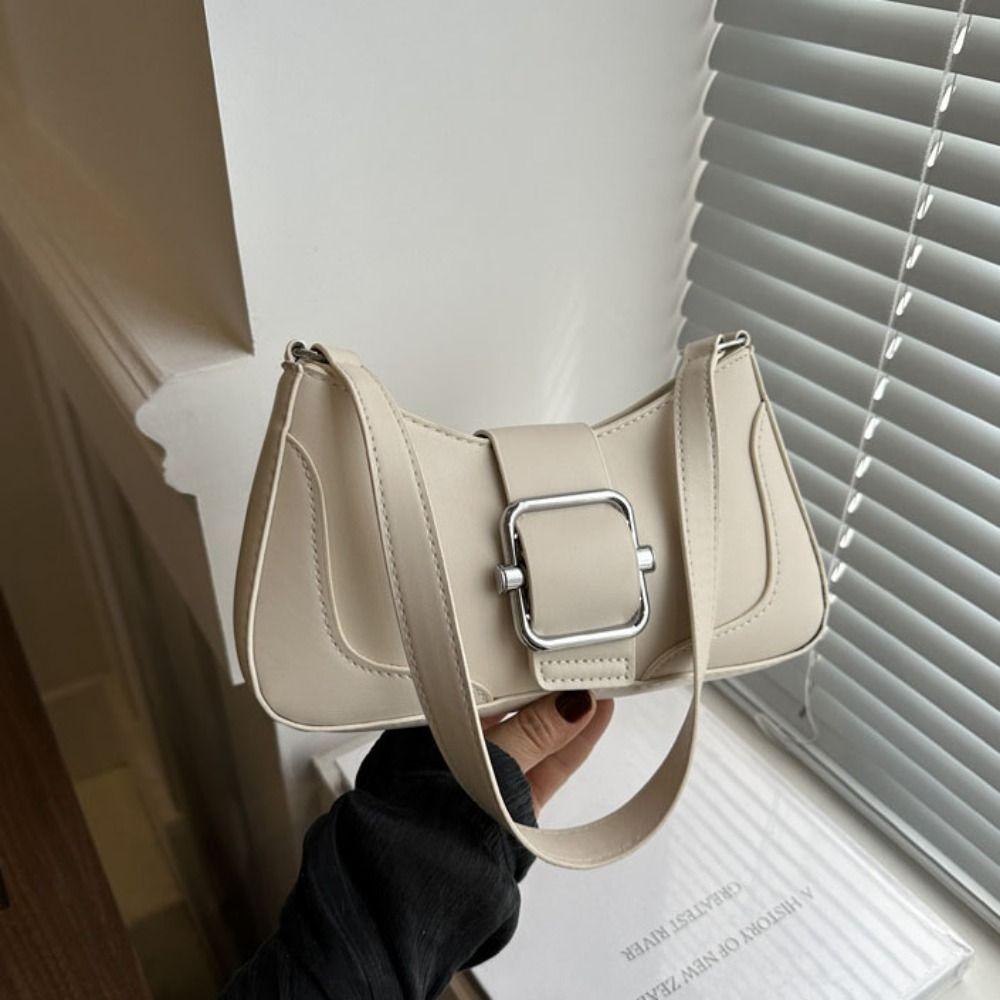 

Vintage Buckle Shoulder Bag Solid Color PU Leather Handbag Portable Women s Armpit Bag Purses белый