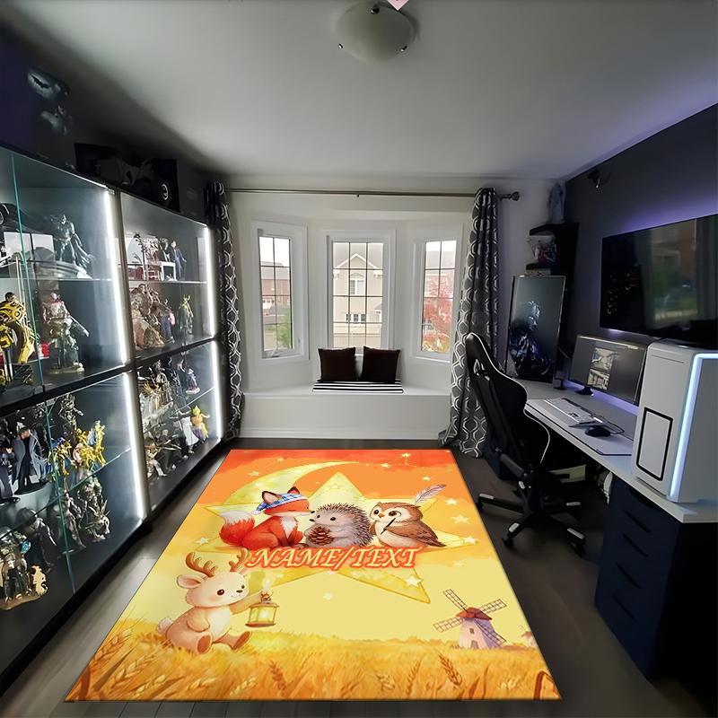 1PC Custom Name Moonlit Forest Friends Theme Floor Mat Ideal for Living Room, Game Rooms, Office, Bedroom,Floor Mat Playful Design
