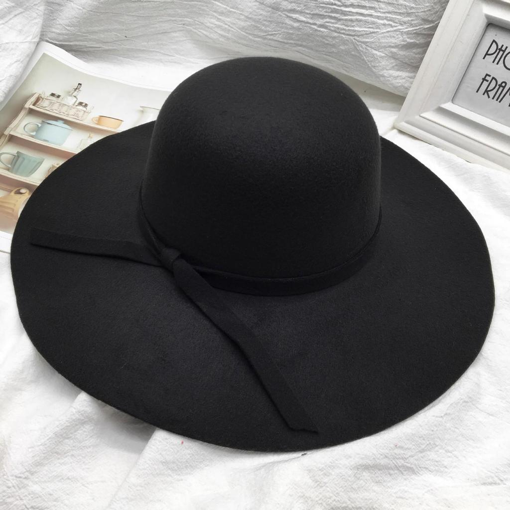 Women's Retro Korean Black Woolen Fisherman Hat with Bow and Large Brim – Perfect for Autumn and Winter.