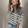 Fashion Women Stripes Buttons High-necked Long Sleeves Tops Pullover Sweater