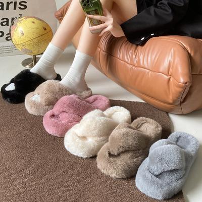 Large Thick Sole Plush Slippers for Women's 2023 Autumn Winter New 5cm Square Head Cross Flat Bottom Plush Slippers