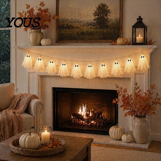 Easy Hanging Ghost String Garland 6.6FT Halloween Light Up Garland, Lace LED Fairy Light, Cozy Autumn Home Decorations Spooky Bunting Banner