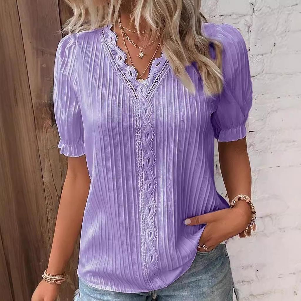 Elegante Camicetta da Donna Camicia Scollo a V Patchwork di Pizzo Manica Corta Camicie per Donna Estate Top da Donna