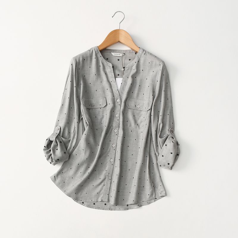 

Recommended! Export Export Pure Yuan Loose V Neck Cotton Silk Shirt Female Rollable Sleeves Artificial Cotton Tops Simple Commute Black spot on gray bottom Euro -34