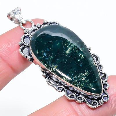 Natürlicher Moosachat-Edelstein, handgefertigt, 925er Sterlingsilber, Anhänger, 6,2 cm, H7w89