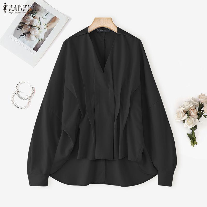 

ZANZEA Жіноча повсякденна блуза з лацканами, довгими рукавами, вільного крою, з плісуванням та нерівним низом 2XL чорний