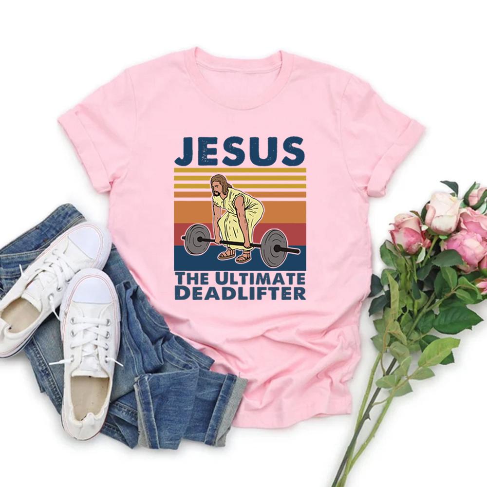 Jesus The Ultimate Deadlifter T Shirts Religious Faith Gym Tshirt Funny Gym T-Shirt Gift for Gym Buddy Short Sleeve Vintage Tees
