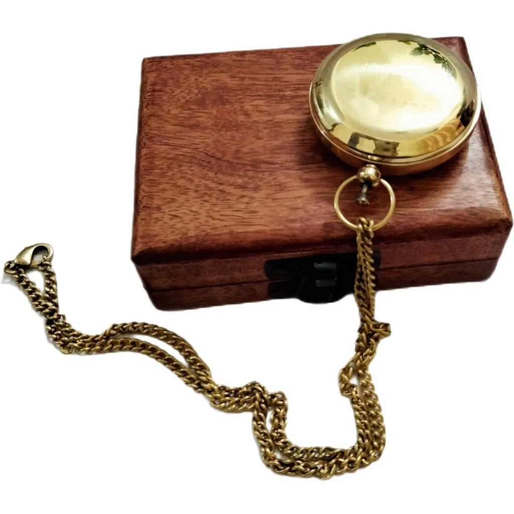 India Brass Push Button Lid Compass Chain with Gift Wood Box Compass  (Gold