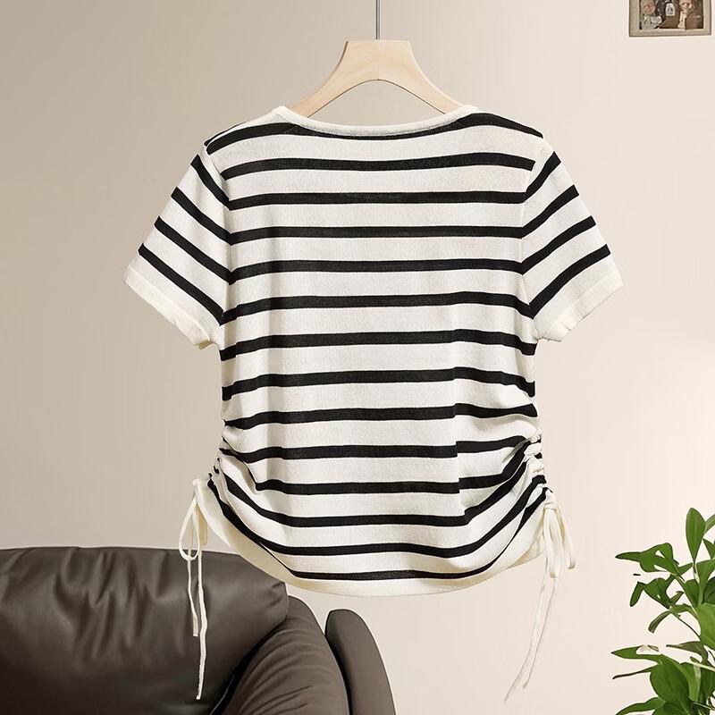 She Chi Women's Color Block Striped Knit Pleated Waist Top