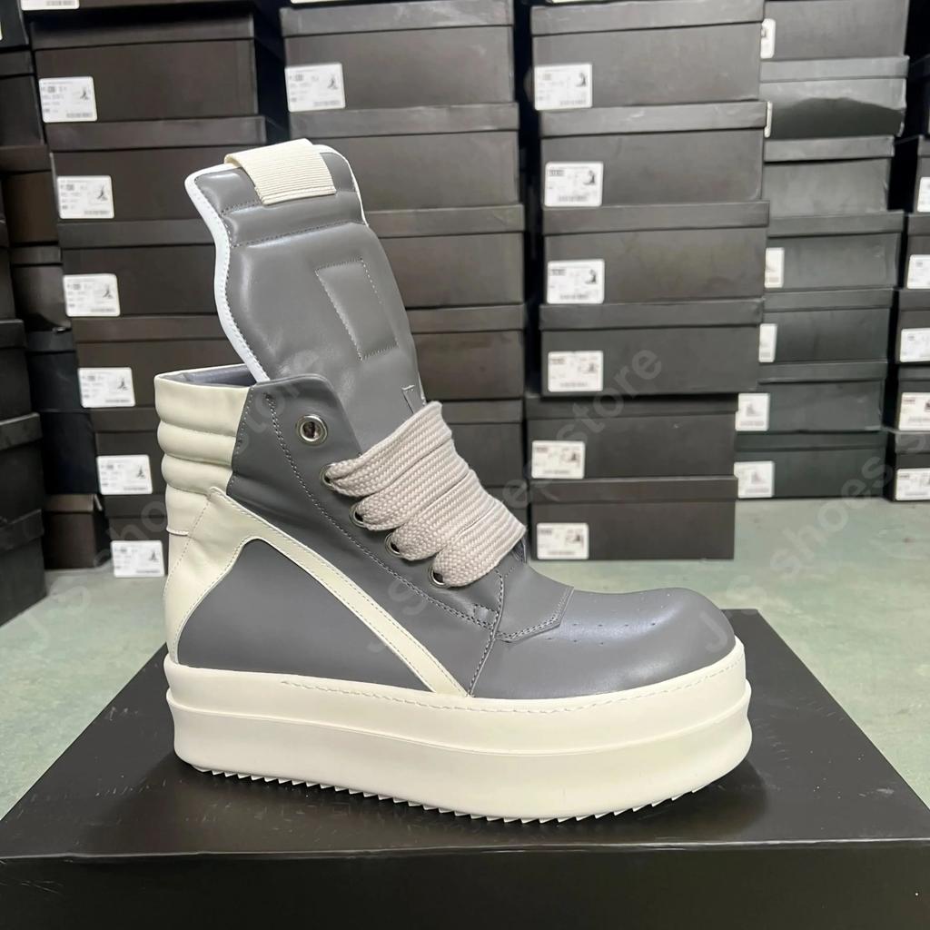 R-o Designer Boots Men Sneaker Women Gray Leather Grey Ankle Boot Jumbo Laces Platform 6cm Thick Sole High Top Shoes Casual Shoe