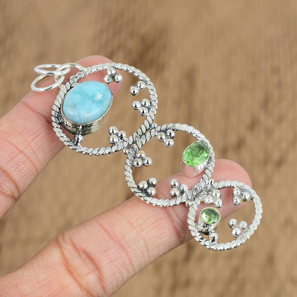 Mothers Day Sale Oval Natural Larimar Peridot 925 Sterling Silver Unique Pendant