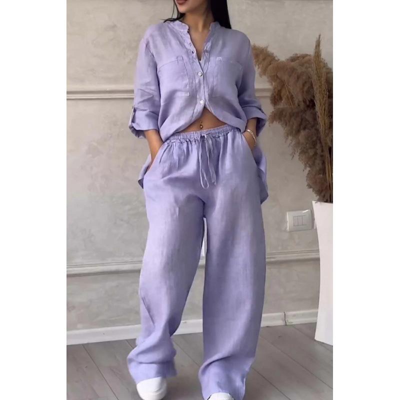 2024 Women's Solid Color Long-Sleeve Shirt & Wide-Leg Pants Set