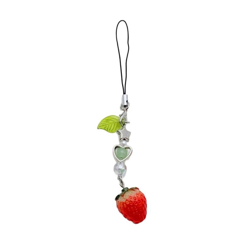 Strawberry/Cherry Beaded Keychain Charm Colorful Fruit Keyring for Women and Girls Bag Accessories Purse Decoration