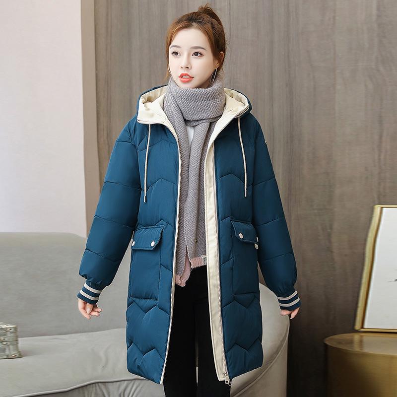 Winter casual women's mid-length hooded cotton jacket, loose cotton clothing, color-blocked bread jacket, A-line padded jacket