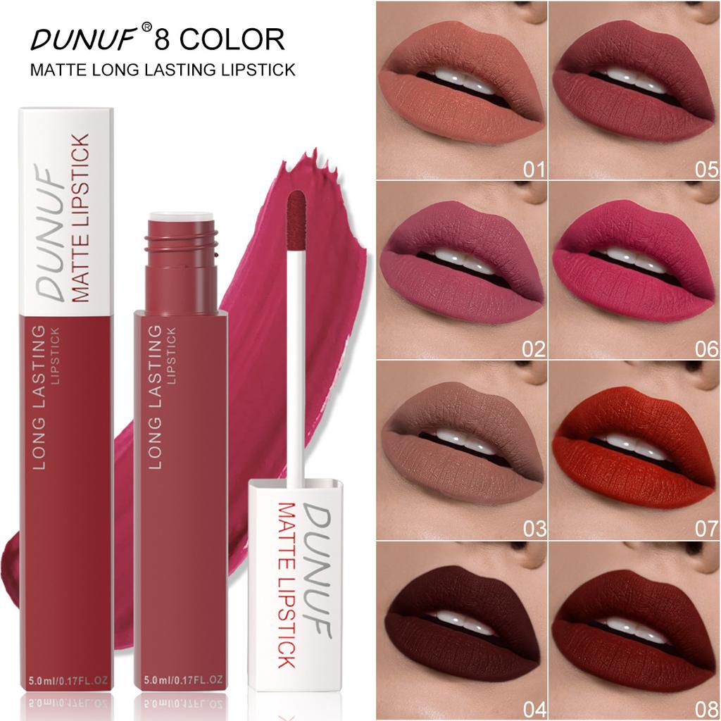 DUNUF 8 Colori Nude Marrone Lucidalabbra Rossetto Velluto Opaco Rossetto Liquido Impermeabile a Lunga Tenuta Trucco Sexy per Donne Tinta Labbra