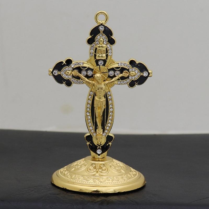 Handmade Enameled Zinc Crucifix Ornament Church Supplier Metal Crucifix with Stand Religious Decoration