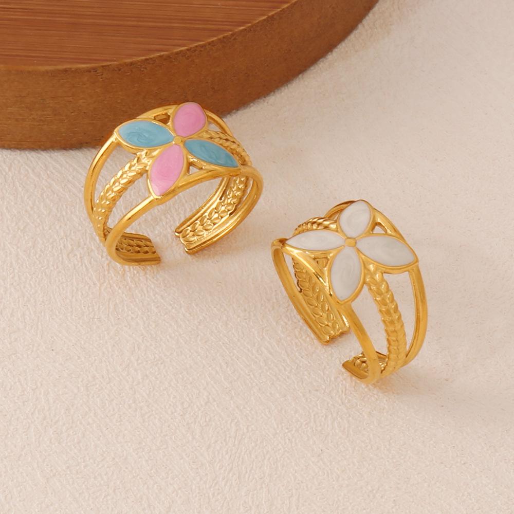 European & American 18K Gold Plated Stainless Steel Flower Resin Open Ring
