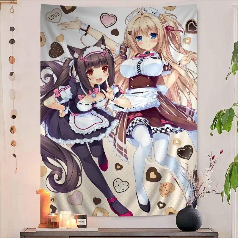 Anime Cat Maid Girls Tapestry Wall Hanging Sweet Heart Chocolate Pink Cartoon Aesthetic Wall Art Bedroom Dorm Room Decor
